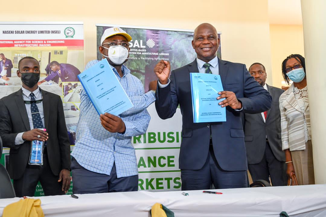 L-R Executive Vice Chairman NASENI, Engr. Prof. Mohammed Sani Haruna, and MD/CEO NIRSAL, Aliyu Abdulhameed during the signing of the partnership in Abuja.