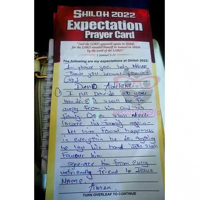 PHOTO: Lady Makes Prayer Request For Davido At Shiloh